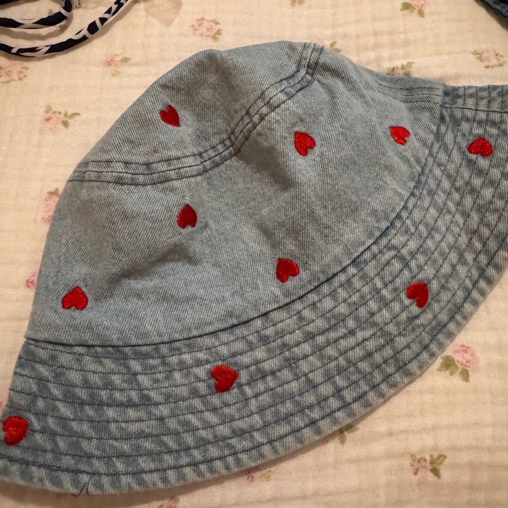 Denim Bucket Hat with Red Heart Embroidery
